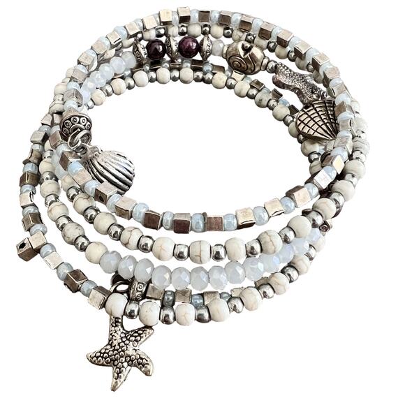 Starfish and Shell Beaded Wrap Bracelet - Seaside Charm Jewelry - Picture 1 of 6